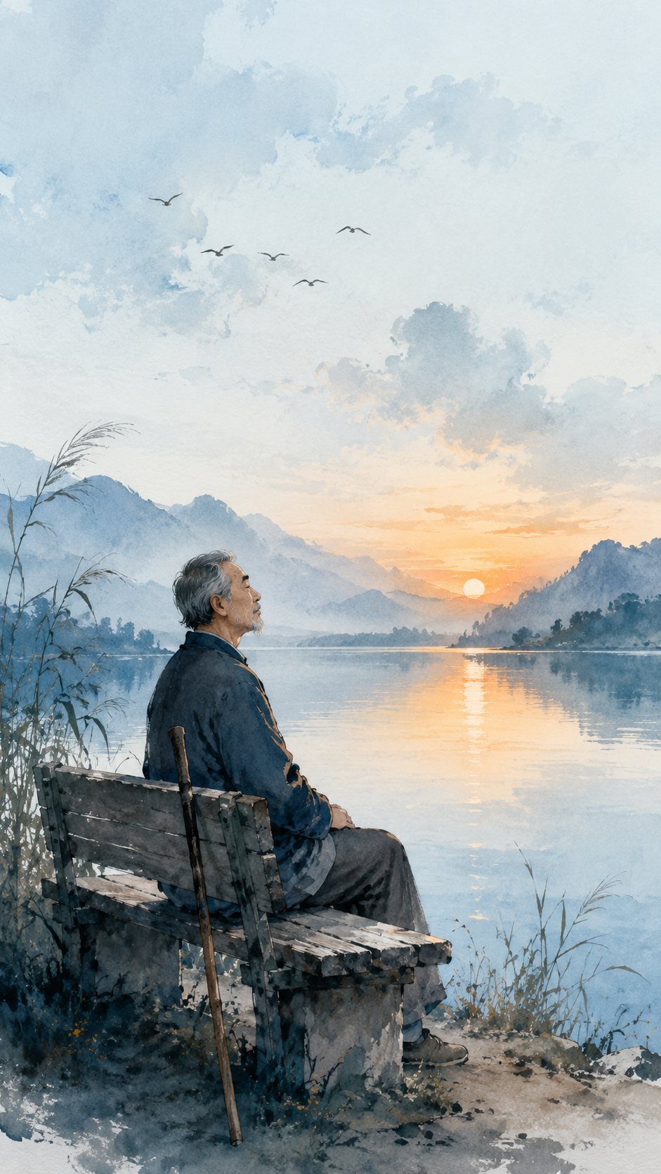 An older man sitting on a bench by a lake at sunset, eyes closed, breathing out