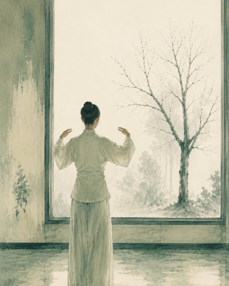 A woman practising qigong at a tall window, arms raised, a bare tree outside